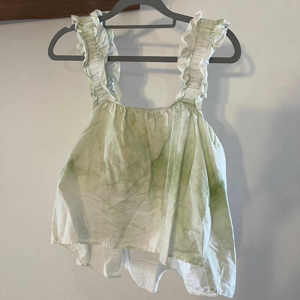 Zara Green White Tie Die Poplin Ruffle sleeve Babydoll Tank Top
